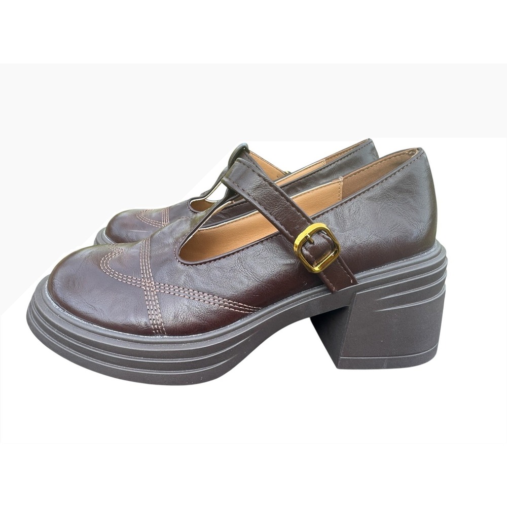 Brown Chunky Platform T-Strap Mary Jane Wingtip Shoe Faux Leather Preppy Goth 40